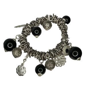 Vintage Beaded Bracelet Black Silver Tone Metal Chain Link‎ Plastic Metal Beads